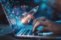 Hands typing on a laptop with a digital display showing 2025 and a rocket icon, symbolizing innovation and future technology Royalty Free Stock Photo
